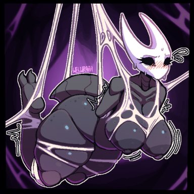 hollow knight, hornet (hollow knight), welwraith, blush, blushing, breasts, bug, exposed breasts, restrained, solo, solo female, solo focus, spider web, worried