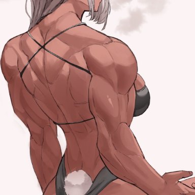 my hero academia, miruko, rumi usagiyama, soolee040995, ?, 1girls, animal ears, back, bunny ears, bunny tail, looking at viewer, muscular, muscular back, muscular female, one-piece swimsuit