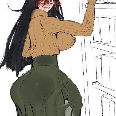 stalker (streachybear), streachybear, 1futa, ass, balls, big ass, big balls, big breasts, big butt, big penis, black hair, bookshelf, breasts, bulge, bulge through clothing