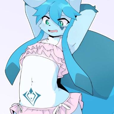 nintendo, pokemon, eeveelution, generation 4 pokemon, glaceon, pokemon (species), nightmareroa, anthro, anthrofied, arm tuft, belly, blue eyes, blue hair, blush, blush lines