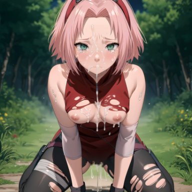 naruto, naruto (series), naruto shippuden, sakura haruno, 1girls, after fellatio, after oral, after sex, after vaginal, all fours, bent over, clothing, crying, crying with eyes open, cum