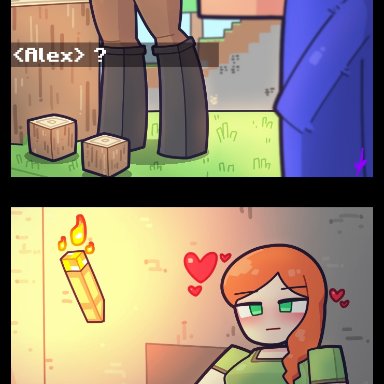 minecraft, alex (minecraft), steve (minecraft), kozatchu, 1boy, 1girls, bed, big breasts, blocky body, blue eyes, blush, blushing, bulge, bulge through clothing, clothing