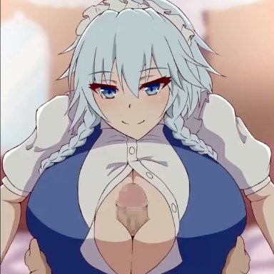 touhou, sakuya izayoi, land wharf, 1boy, 1girls, blue eyes, blush, breasts, clothed female nude male, cum, cum on breasts, ejaculation, eyebrows visible through hair, huge breasts, indoors