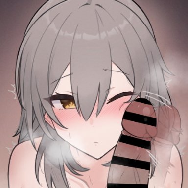 honkai (series), honkai: star rail, stelle (honkai: star rail), trailblazer (honkai: star rail), blush, breasts, cheek poking, cheek press, cleavage, close-up, closed mouth, erection, female, grey hair, hair between eyes