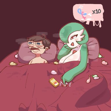 nintendo, pokemon, gardevoir, kuerno, 1boy, 1girls, after sex, another round, asking for more, assertive female, bed, bed sheet, bedding, breasts, condom