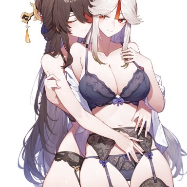 genshin impact, hoyoverse, beidou (genshin impact), ningguang (genshin impact), setsuaiart, setsumanga, 2girls, belly button, bra, brown eyes, brown hair, closed eyes, embrace, hair ornament, hugging