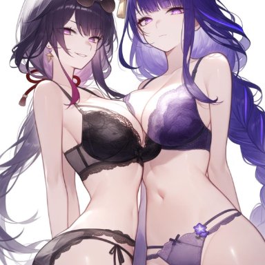 genshin impact, honkai (series), honkai: star rail, hoyoverse, kafka (honkai: star rail), raiden shogun, setsuaiart, setsumanga, 2girls, ass, big breasts, bra, braided hair, breast on breasts, breast press