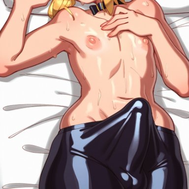 guilty gear, guilty gear strive, bridget, copernicus, 1boy, androgynous, bed, bike shorts, blonde hair, blush, bulge, bulge through clothing, crossdressing, erection, erection under clothes