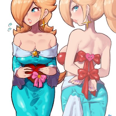 mario (series), super mario galaxy, valentine's day, princess rosalina, yamino ekakinin, 1girls, blue dress, blush, box of chocolates, crown, dress around waist, embarrassed, hands tied, heart-shaped chocolate, looking away