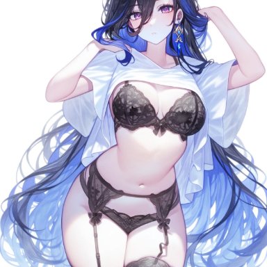 genshin impact, hoyoverse, clorinde (genshin impact), setsuaiart, setsumanga, arms up, belly button, big breasts, black hair, blue hair, blush, bra, earrings, lingerie, lingerie only