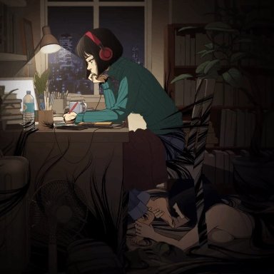 lo-fi beats to relax/study to, the ring, lofi girl, yamamura sadako, kidetic, kusujinn, 2girls, barefoot, black hair, clothed female, clothed female nude female, desk, feet, female focus, female only