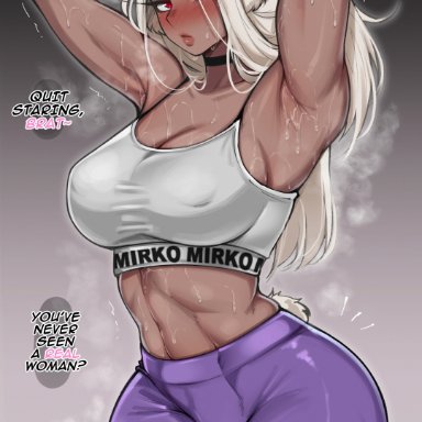 my hero academia, miruko, rumi usagiyama, almualim, 1girls, armpits, arms up, booty shorts, breasts, brown hair, brown skin, dark skin, dark-skinned female, female, long hair