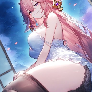 genshin impact, hoyoverse, yae miko, setsuaiart, setsumanga, ass, bare thighs, big breasts, earrings, furry ears, leggings, leggings down, long hair, looking at viewer, panties