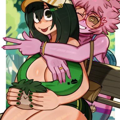 my hero academia, mina ashido, tsuyu asui, melonpuff, 2girls, ass, big breasts, cap, cleavage, female, female only, green eyes, large breasts, long hair, looking at viewer