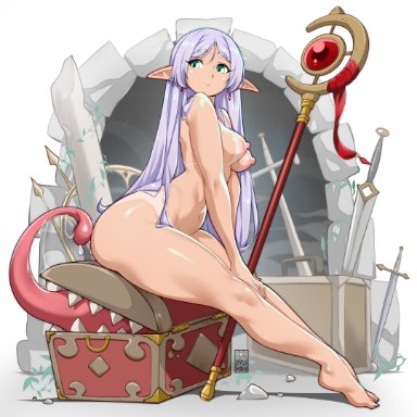 sousou no frieren, frieren, bayeuxman, 1girls, areolae, bare shoulders, barefoot, breasts, completely naked, completely naked female, completely nude, completely nude female, earrings, elf, feet