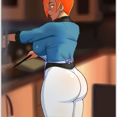 ben 10, cartoon network, future gwen, gwen tennyson, donchibi, 1girls, apron, big ass, big breasts, breasts, cooking, dat ass, female, female only, fully clothed