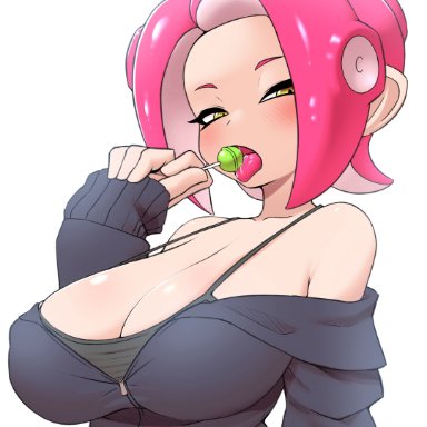 nintendo, splatoon, splatoon (series), octoling, octoling girl, nobunagapero, peronattu, 1girls, bare shoulders, bedroom eyes, big breasts, blush, breasts, cleavage, gold eyes