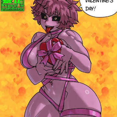 my hero academia, valentine's day, mina ashido, shosho oekaki, 1girls, almost naked, big breasts, cleavage, female, female only, gift, gift box, gift wrapping, large breasts, looking at viewer