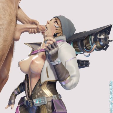 apex legends, respawn entertainment, wattson (apex legends), dzooworks, 1boy, 1girls, beanie, blonde hair, blowjob, large breasts, nipples, pale-skinned female, partially clothed, short hair, thick