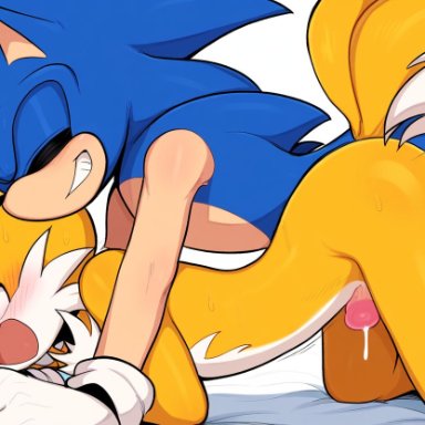sonic (series), sonic the hedgehog, tails, 2boys, anal, bed, blue fur, doggy style, femboy, fox, gay, girly, hedgehog, male, male only