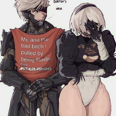 metal gear, metal gear rising, nier, nier (series), nier: automata, raiden (metal gear), yorha 2b, yoracrab, 1boy, 1boy1girl, 1girl1boy, 1girls, bare thighs, big ass, embarrassed