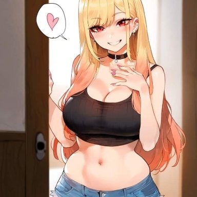 sono bisque doll wa koi wo suru, kitagawa marin, black tank top, blonde hair, blush, collar, denim shorts, earrings, gradient hair, gyaru, heart, hourglass figure, large breasts, light skin, light-skinned female