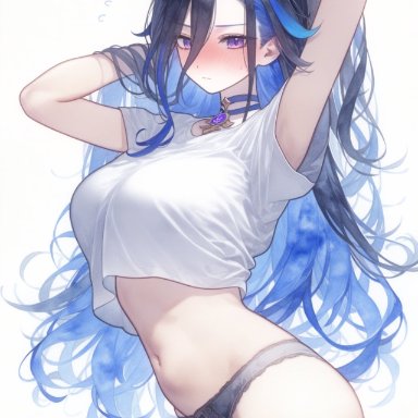 genshin impact, hoyoverse, clorinde (genshin impact), setsuaiart, setsumanga, arms up, ass out, belly button, big breasts, black hair, blue hair, blush, embarrassed, embarrassed female, leaning forward