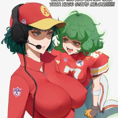 kansas city chiefs, one-punch man, fubuki (one-punch man), tatsumaki, araneesama, 2females, 2girls, american football, big breasts, breast size difference, breasts, female, green eyes, green hair, light-skinned female