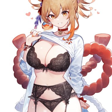 genshin impact, hoyoverse, yoimiya (genshin impact), setsuaiart, setsumanga, belly button, big breasts, blonde hair, brown eyes, choker, hair ornament, lingerie, lingerie only, long hair, long sleeves