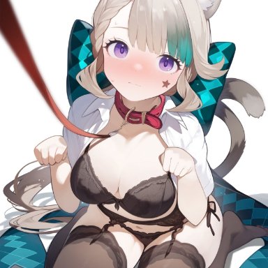 genshin impact, hoyoverse, lynette (genshin impact), setsuaiart, setsumanga, big ass, blonde hair, blush, bob cut, bra, collar, face tattoo, feet, furry ears, furry tail