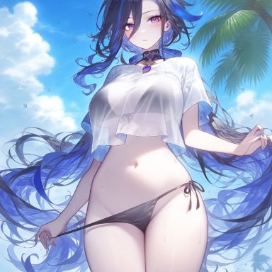 genshin impact, hoyoverse, clorinde (genshin impact), setsuaiart, setsumanga, beach, belly button, big breasts, bikini, black hair, blue hair, blush, choker, in water, long hair