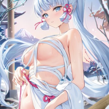 genshin impact, kamisato ayaka, houk1se1, areola slip, bandage, bandages, bathing, beauty mark, clear water, hot spring, large breasts, mount fuji, onsen, partially submerged, partially undressed