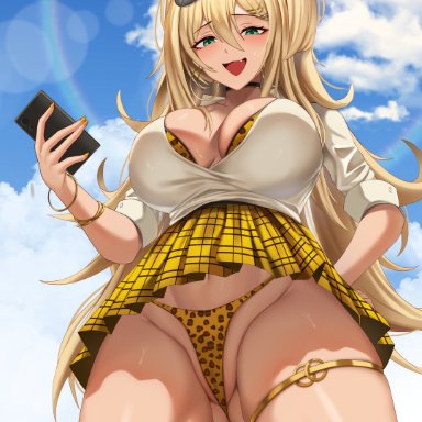 goddess of victory: nikke, rupee (nikke), epko, 1girls, ass visible through thighs, bikini, blonde hair, blush, bracelet, breasts, cellphone, choker, cleavage, cloud, cowboy shot