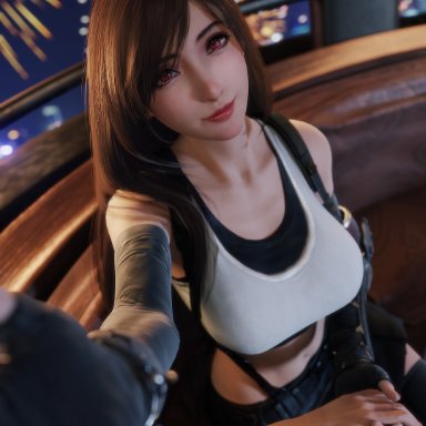 final fantasy, final fantasy vii, final fantasy vii remake, valentine's day, tifa lockhart, ria-neearts, 1boy, 1girls, black hair, breasts, date, earrings, female, fingerless gloves, fit female