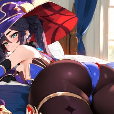 genshin impact, mona (genshin impact), truckkunart, ass, ass focus, bed, blue eyes, breasts, bubble butt, female, leotard, looking at viewer, lying, nails, on bed