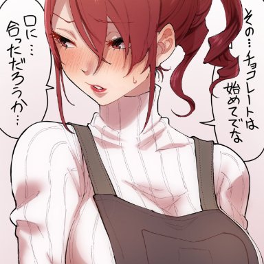 persona, persona 3, mitsuru kirijo, kurosususu, apron, arms holding breasts up, big breasts, blush, breast squeeze, crossed arms, female only, long hair, long sleeves, red eyes, red hair
