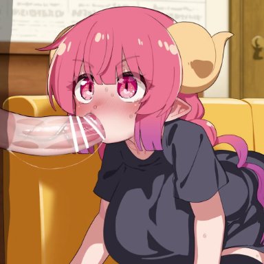 miss kobayashi's dragon maid, ilulu (dragon maid), mizumizuni, big breasts, blowjob, blush, horns, pink eyes, pink hair, pointy ears, silhouette, sloppy, sweat, veiny penis, animated