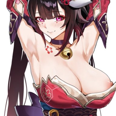 honkai (series), honkai: star rail, sparkle (honkai: star rail), celyn404, 1girls, areola slip, areolae, armpits, arms up, bell collar, black hair, blush, cleavage, detached sleeves, eyeshadow