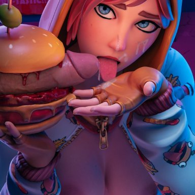 fortnite, fortnite: battle royale, onesie (fortnite), ky0rii, bed, bedroom, breasts, breasts out, burger, cum, cum drip, cum dripping, cum dripping from penis, cum on face, cum on hand