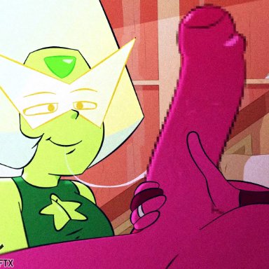 steven universe, garnet (steven universe), peridot (steven universe), kaleido ftx, 1futa, 1girls, big penis, clothed, clothing, cock slap, duo, erection, female, female focus, foreskin