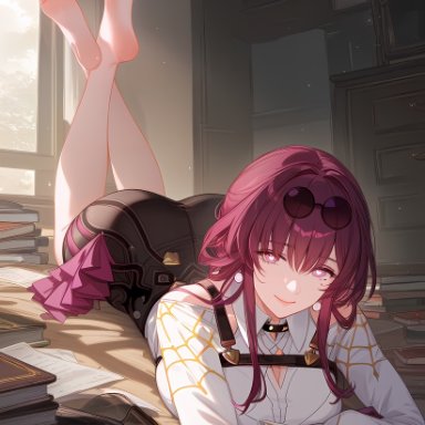 honkai: star rail, hoyoverse, pixiv, kafka (honkai: star rail), bare legs, barefoot, big ass, big breasts, earrings, feet, feet up, gloves, glowing eyes, legs up, long hair