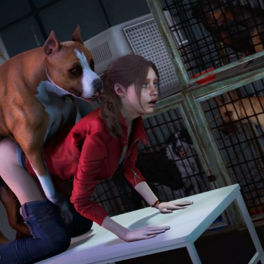 resident evil, resident evil 2, resident evil 2 remake, claire redfield, arnoldthehero, 1girl, 3boys, bestiality, brown hair, canine, canine penis, dog, doggy style, doggystyle, female