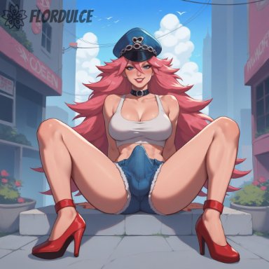 final fight, street fighter, poison (final fight), flordulce, blue eyes, cap, choker, city, cityscape, cleavage, covered penis, denim shorts, dickgirl, erect penis, erection