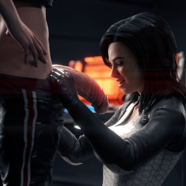 mass effect, femshep, miranda lawson, calibrator, ass, big penis, black hair, futa on female, futanari, hands on hips, undressing, veiny penis, 3d