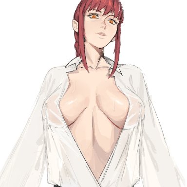 chainsaw man, makima (chainsaw man), kanavachan, cleavage, medium breasts, no bra, open shirt, red hair, sagging breasts, solo, white background