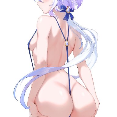 genshin impact, furina (genshin impact), nutsbutty, 1girls, ass, ass focus, ass grab, back view, big ass, bikini, blue eyes, blue hair, blush, breasts, female