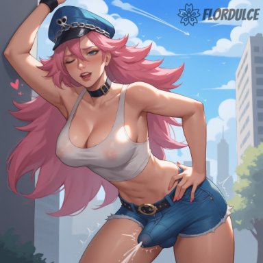 final fight, street fighter, poison (final fight), flordulce, blue eyes, cap, choker, city, cityscape, cleavage, covered penis, cum, cumming, denim shorts, dickgirl