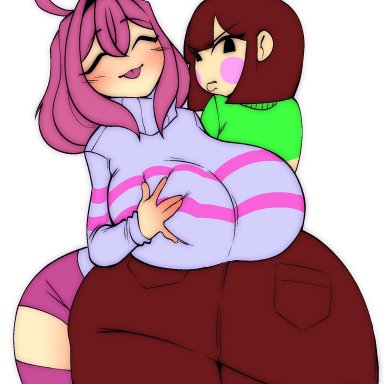 undertale, undertale (series), chara, female frisk, frisk, pinkbobatoo, 2girls, annoyed, ass, ass focus, big ass, big breasts, blush, breasts, female