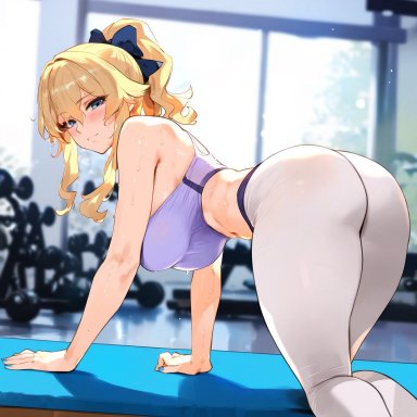 genshin impact, jean gunnhildr, truckkunart, 1girls, all fours, ass, bare arms, big ass, blonde hair, blue eyes, breasts, exercise, female, female only, fit female