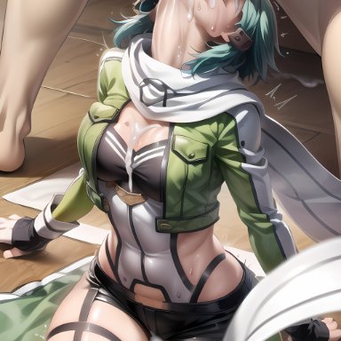 sword art online, sinon, skybeaai, 1girls, arched back, backsack, balls, ballsack, blowjob, blue hair, cum, cum in mouth, cum in throat, deepthroat, fellatio